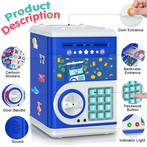 Dark Blue Piggy Bank for Kids with Password Code Lock and Auto Grab Bill Slot, PhilaeEC Real Money Cash Coin Can Saving Box Electronic Money Safe Bank, Hot Gift for 4 7 8 9 10 11 Year Old Boys Girls