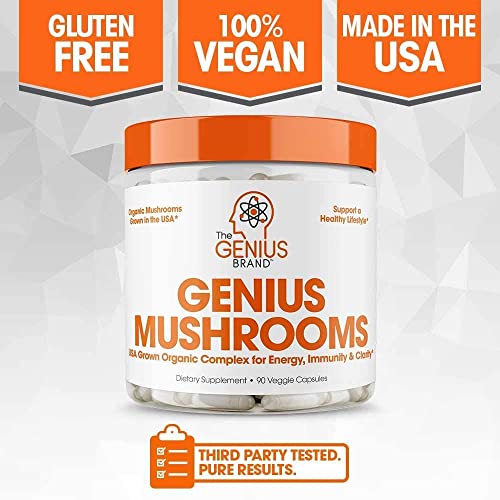 Genius Mushroom Supplement - Lions Mane, Cordyceps, Reishi - Brain Nootropic for Energy, Focus, Overall Wellness, & Immune Support, - 90 Veggie Pills