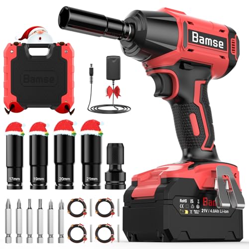 Cordless Impact Wrench 1/2'', Bamse Brushless Power Impact Gun with 2 Batteries, 3200RPM & Max Torque 480 Ft-lbs (650N.m) with 4 Impact Sockets, Electric Impact Driver for Car and Home