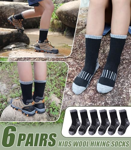 NOCIN COLOR Kids Merino Wool Hiking Socks Boys Girls Toddlers Thermal Winter Warm Boot Thick Cushion Socks 6 Pairs (6 Pairs Black A,4-7 Years)