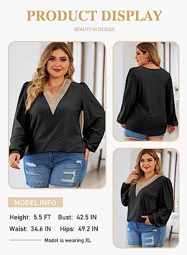 Eytino Womens Plus Size Tops V Neck Long Lantern Sleeve Casual Loose Blouses Office Shirts,1X Black