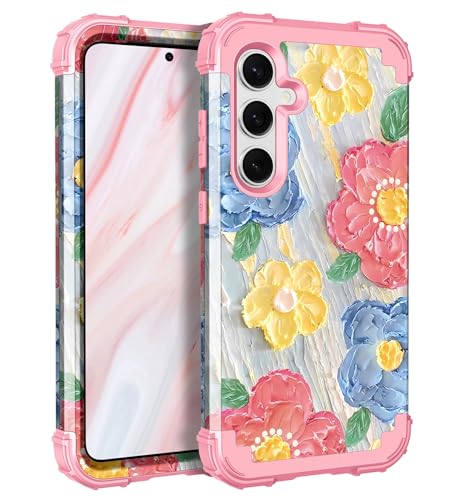 LONTECT for Galaxy S24 Plus 5G Case Shockproof 3 in 1 Heavy Duty Hybrid Rugged Full Body Protective Cute Oil Painting Flowers Cover Case for Samsung Galaxy S24+ Plus 5G 6.7 2024,Light Purple