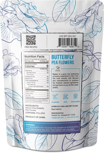 Soeos Butterfly Pea Flower Tea, 2oz (Pack of 1), Whole Butterfly Tea, Naturally Sweet Herbal Tea, Caffeine Free Tea, Butterfly Tea