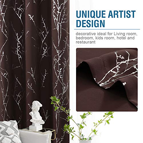 H.VERSAILTEX Blackout Curtains for Bedroom Foil Print Twig Tree Branch Thermal Insulated Grommet Curtain Drapes Light Blocking Thick Soft Window Curtains for Living 52 x 63 Inch, 2 Panels, Brown