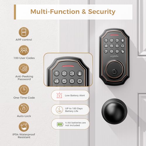 Keyless Entry Door Lock with 2 Door Knobs - App Control Electronic Keypad Deadbolt Smart Lock - 100 Code Keypad Door Lock with Handle - Front Door Lock Set - One Time Code - Auto Lock Easy to Instal