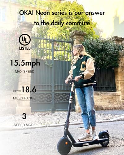 OKAI Neon Lite Electric Scooter for Adults, Commuter Electric Scooter, 15.5 MPH, 18.6 Miles, Lightweight Scooter Ambient Light, 600W Peak Power, UL Certification