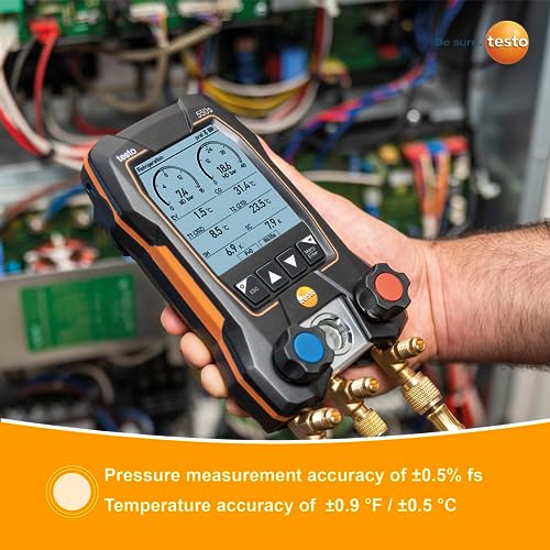 testo 550s AC Manifold Gauge Set – Manifold Gauges Hvac and Refrigeration – Incl. 2x testo 115i Pipe Clamp Thermometer, 1x testo 552i Micron Gauge and a Set of 3 Hoses – with Bluetooth