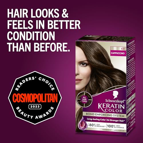 Schwarzkopf Keratin Color Permanent Hair Color, 4.0 Cappuccino, 1 Application - Salon Inspired Permanent Hair Dye, for up to 80% Less Breakage vs Untreated Hair and up to 100% Gray Coverage