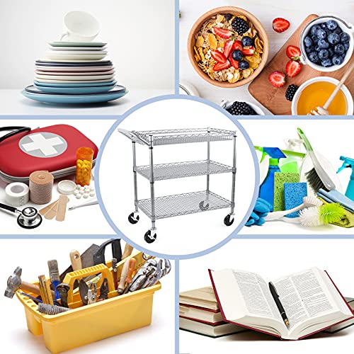 WDT Heavy Duty 3 Tier Utility Cart,Wire Rolling Cart with Wheels, Commercial Grade Service Cart with Shelving Liners and Handle Bar Metal Carts for Kitchen Office Hardware (750LBS Capacity Black)