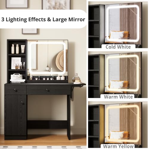 IRONCK Vanity Desk with LED Lighted Mirror & Power Outlet, Makeup Table with Drawers & Cabinet,Storage Stool,for Bedroom, Black