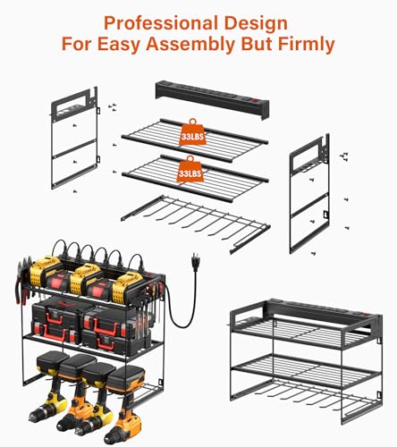 JUNNUJ Large Power Tool Organizer with 10 Outlet Power Strip, 3 Layer Wall Mount Drill Holder with Charging Station, 8 Drills Storage Shelf Shop Garage Utility Rack, Black