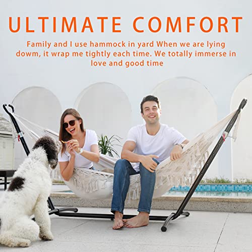 SXSEAGLE Double Hammock with Stand Upgraded Phone Holder Portable Heavy Duty Stainless Steel Indoor Outdoor Patio Yard Beach with Carrying Case (2022 Beige)