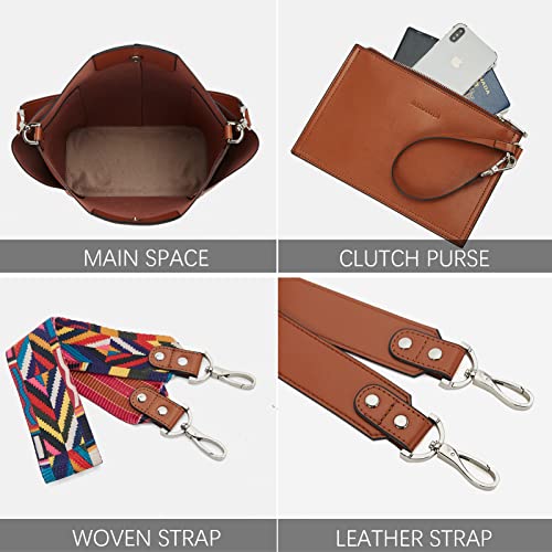 BOSTANTEN Genuine Leather Bucket Handbag Designer Hobo Shoulder Bags Tote Purses and Handbags Set with Clutch Purse Brown