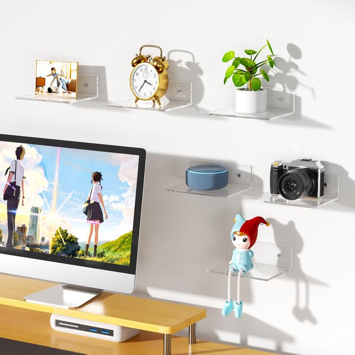 FEMELI 2 PCS 6" Acrylic Floating Shelves, Clear Shelf for Display, Plant, Perfume, Book in Bedroom Living Room Office, 5mm Thick Wall-Mounted Acrylic Shelves for Wall