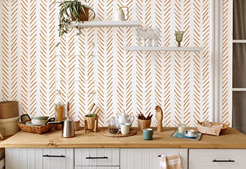 HAOKHOME Boho Peel and Stick Wallpaper Brush Strokes Stripes Removable Terracotta/White Chevron Vinyl Self Adhesive Mural 17.7in x 9.8ft