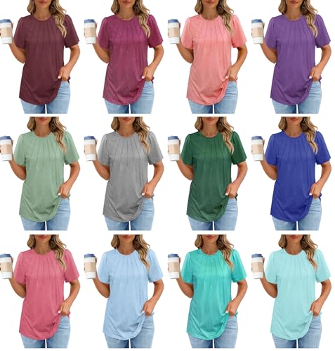 Short Sleeve Tops for Women Pleated Tunic Tops for Women Loose Fit Dressy Summer Shirts Light Green S