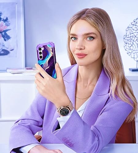 Hocase for Galaxy S23 Case, Shockproof Heavy Duty Protection Soft Silicone Rubber Bumper+Hard Plastic Hybrid Protective Case for Samsung Galaxy S23 (6.1" Display) 2023 - Blue Purple Marble