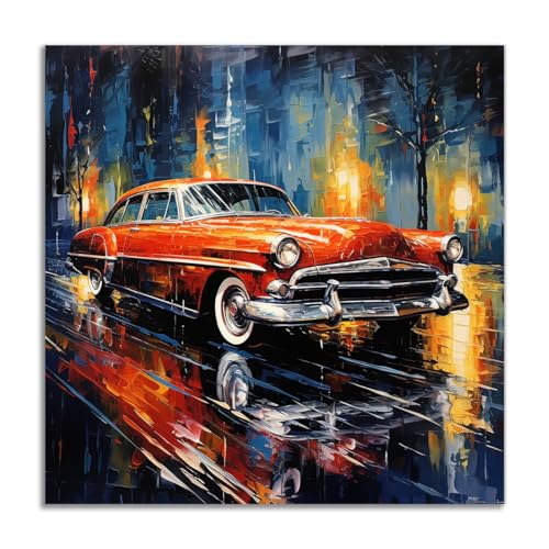 QIXIANG Abstract Car Wall Art Retro Red Car Picture Wall Decor Modern Home Decor Artwork Boys Room Bar Office Decor Ready to Hang (Red Car 2, 12.00" x 12.00")