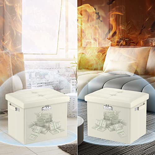 DocSafe Storage Ottoman with Lock,Fireproof&Waterproof 17 Inches Folding Storage Box with Handles Safe for Important Documents,Leather Storage Ottoman Storage Chest for Living Room,Bedroom,Beige