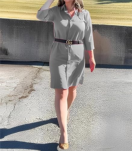 Fronage Women's Casual Cotton Linen Shirt Dress Button Down 1/2 Long Sleeve Lapel V Neck Summer Beach Midi Dresses with Pockets Grey, S