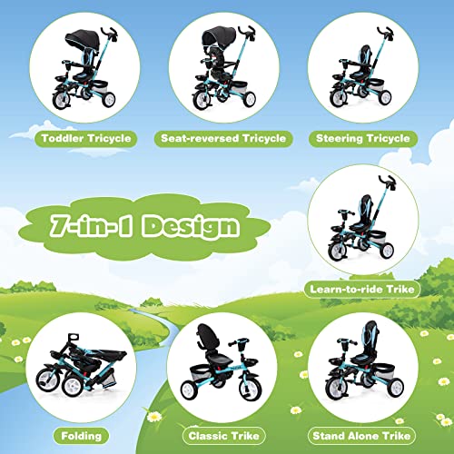 BABY JOY Tricycle, 7 in 1 Folding Toddler Bike w/Removable Push Handle, Rotatable Seat, Adjustable Canopy, Safety Harness, Storage, Cup Holder, Trike for 1-5 Year Old, Tricycle for Toddlers (Blue)