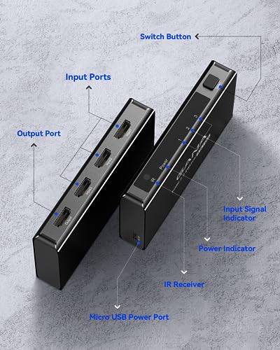HDMI Switch 3 in 1 Out 4K@60Hz, GANA HDMI Splitter Switcher with Remote, Aluminum HDMI 2.0 Switch Box Hub for 3D, HDCP2.2, HDR, Compatible with Xbox, PS5/4/3,Fire Stick,Roku,Blu-Ray Player, Black