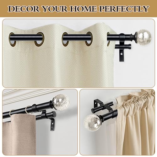 KAMANINA 1 Inch Double Curtain Rods 36 to 72 Inches(3-6 Feet) Black Curtain Rod for Windows, Telescoping Heavy Duty Drapery Rods with Crackle Glass Ends