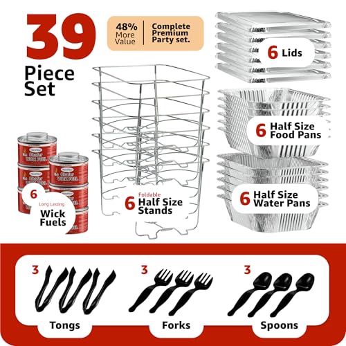 Disposable Chafing Dish Buffet Set, Food Warmers for Parties, Catering Supplies Buffet Display, Complete Premium Set, Half Size Single Pan, Warming Trays (6 Pack)