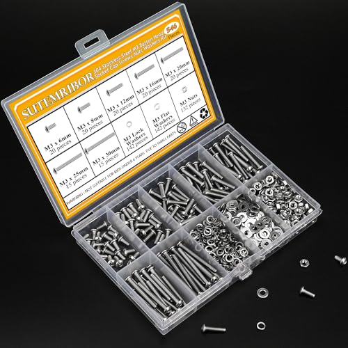 546 Pieces M3 Screws Nuts Washers Set, Sutemribor M3 x 6/8/12/16/20/25/30mm Button Head Socket Cap Screws Nuts Washers Assortment Kit, 304 Stainless Steel, Fully Threaded