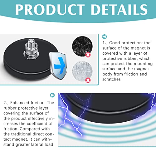 Flutesan Neodymium Magnet Rubber Coated Mounting Small Scratch Safe Black Stud Magnet Painted Surface Waterproof M6 Threaded with Bolts Nuts for Lighting Camera Tools(32 Packs,Black,1.69 Inch)