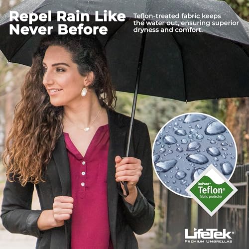 LifeTek Traveler 42 FX1 Windproof Travel Umbrella, Automatic Open Close, Compact for Rain and Sun, Fits in Purse or Backpack, Strong Lightweight Durable Frame, UV Protection, Small and Portable Black