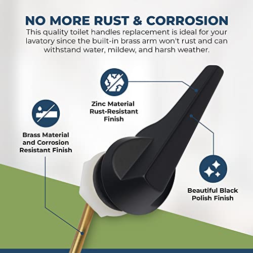 RAVINE Universal Toilet Handle Lever Replacement - Zinc Modern Black Toilet Handle with Brass Arm - Front Mount Toilet Flush Lever Compatible w/Most Toilet Tanks - Rubber Gasket Included