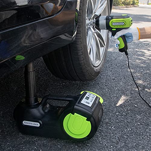 E-HEELP Electric Car Jack Kit 5T 12V Hydraulic Tire Jack with Double Cylinder Air Pump & LCD Touch Screen & Impact Wrench Portable Car Lift for Tire Changes and Roadside Emergencies