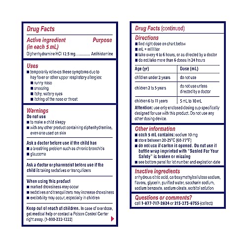 Benadryl Children's Dye-Free Allergy Liquid Medication with Diphenhydramine HCl, Antihistamine Allergy Relief Medication for Kids, Alcohol-Free, Bubble Gum Flavor, 4 fl. oz