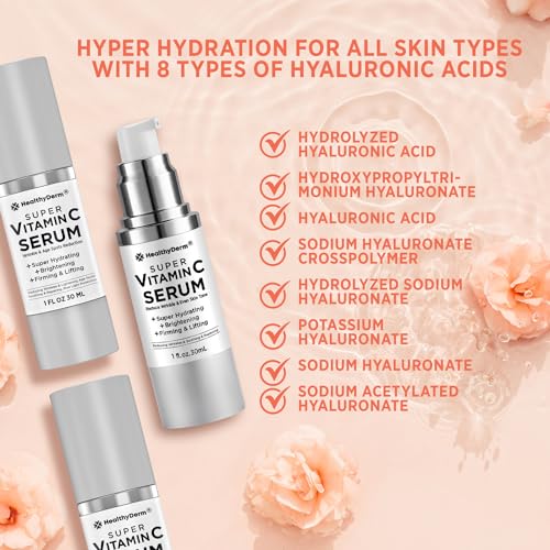 Super Vitamin C Serum for Women Over 70: Vitamin C, Hyaluronic Acid, Vitamin E, Caffeine, Hydrating, Lifting, Face Wrinkle & Age Spots Reduction