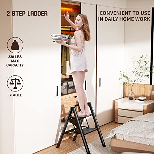 Step Ladder Folding 2 Step Stool Aluminium Anti-Slip Wide Pedal Portable Stepladder Storage Shelf Rack Home Kitchen Lightweight Ladders,Black