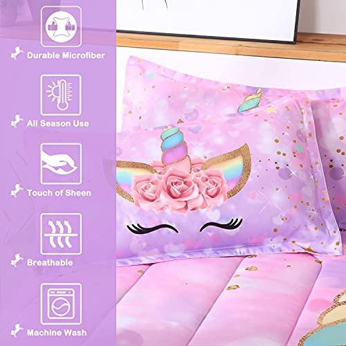 Oecpkd Cute Unicorn Comforter Sets Rainbow Soft Girls Comforter Sets 3pc Pink Flower Girl Unicorn Bedding Sets