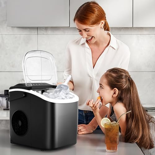 Portable Ice Maker Machine with Handle, 26lbs/24Hrs, 6Mins/9 Ice Cubes, Self-Cleaning with Basket/Scoop, Countertop Ice Makers for Home/Kitchen/Office(Green)