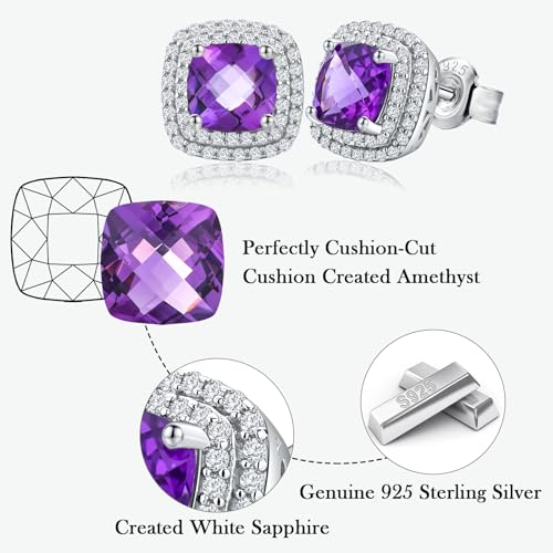 RANDES July Birthstone Earrings 925 Sterling Silver Ruby Earrings Square Created Red Stone Dainty Halo Birthstone Stud Earrings