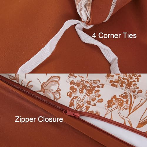 YINFUNG Flower Duvet Cover Floral Embroidered Burnt Orange Terracotta Rust White Queen Spring Wildflower Botanical Jacquard Textured 3 Pieces Bedding Set Country French Elegant