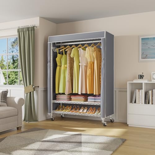 VIPEK R1C Plus Garment Rack Rolling Clothes Rack with Locking Wheels, Heavy Duty Clothing Rack Portable Closet with Adjustable Shelves & Side Hooks, White Rack with Grey Upgraded Polyester Cover