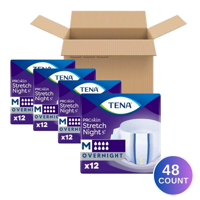 TENA ProSkin Overnight Protection Adult Incontinence Brief, Stretch, Disposable, Medium, 48count (4 Packs of 12), Packaging May Vary