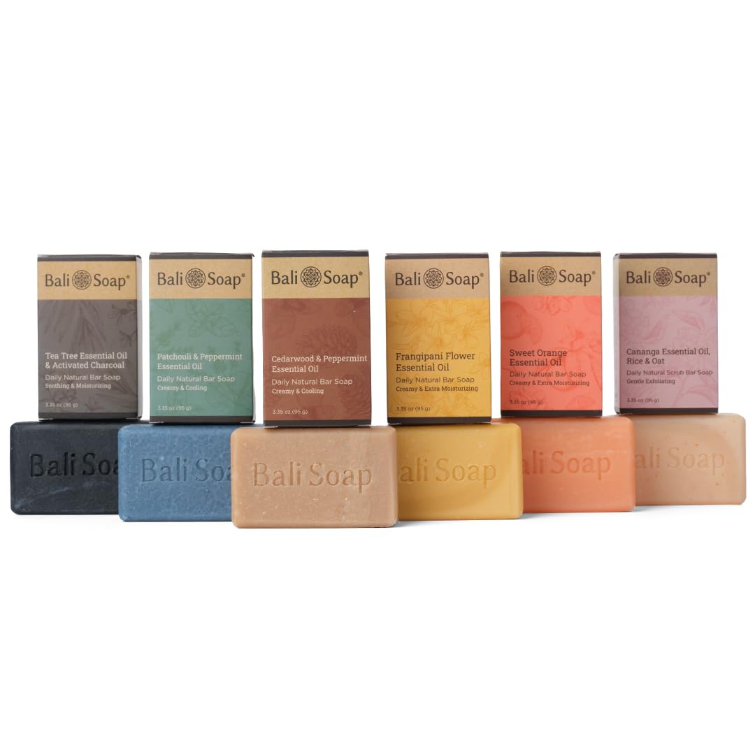 Bali Soap -Tropical & Earthy Natural Soap Bar for Men and Women with Premium Essential Oil - Handmade, Vegan, Soap for Body and Face, Plant Based Cold Process 6pc Variety Soap Pack, 3.5oz Bars