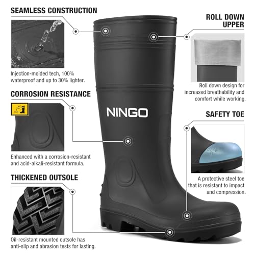 NINGO Men's Steel Toe Rain Boots, Waterproof Rubber Boots, Seamless PVC Rainboots, Puncture and Slip Resistant, Outdoor Fishing Gardening Boots for Men, for Agriculture and Industrial Working