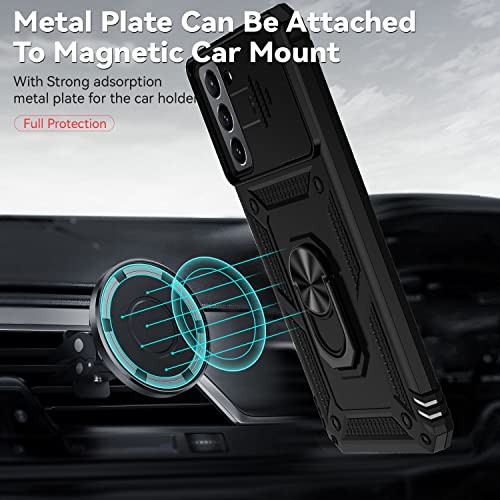 for Samsung Galaxy S21 FE 5G Case with Camera Lens Cover HD Screen Protector, Military-Grade Drop Tested Magnetic Ring Holder Kickstand Protective Phone Case for Samsung Galaxy S21 FE 5G (Black)