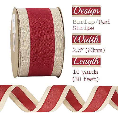 MEEDEE Red And White Striped Ribbon Red And White Wired Ribbon 2.5 Inch Red Fabric Ribbon With Ivory Stripe Edge Red Stripes Wired Ribbon For Wreath Christmas Tree Garland Topper Bow Making (10 Yards)