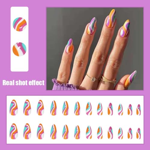 Colorful Nails Press on Nails Medium Almond Fake Nails with Gorgeous colorful stripes Designs Rainbow Elements Full Cover Acrylic False Nails for Women Manicure(24 PCS)