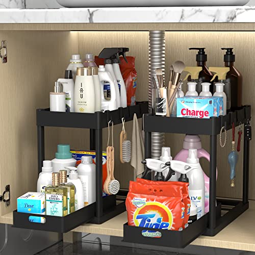 POUGNY 2PC Under Sink Organizer Rack 2 Tier Under Sliding Cabinet Basket Organizer Drawer with 4 Hooks, Multi-purpose Under Sink Storage for Bathroom Kitchen Desktop(Black)