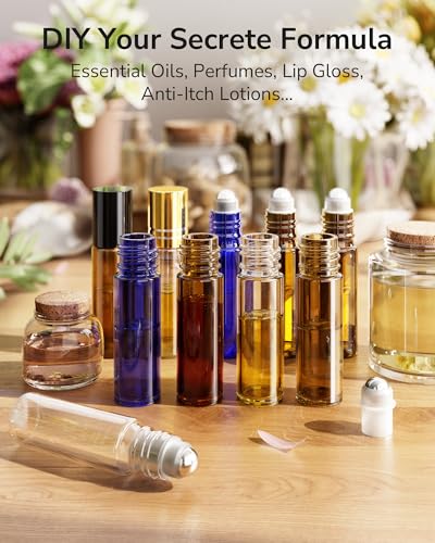 ULG Essential Oil Roller Bottles 4 Pack 10ml Amber Glass Empty Bottles with Stainless Steel Roller Balls