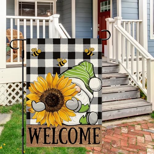DLZDN Sunflower Gnome Garden Flag 12×18 Inch Double Sided Buffalo Plaid Farmhouse Welcome Yard Flag Spring Summer Seasonal Outdoor Decor